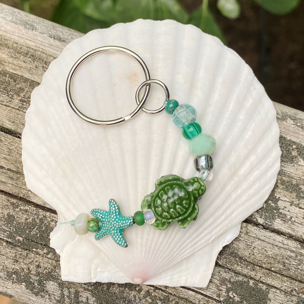 sea turtle key ring, beach key ring keychain, sea life key ring, sea turtle gift, sea turtle keychain, coastal keychain