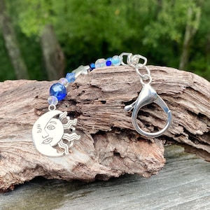 Celestial Keychain: Sun and Moon Charm with Blue Beads