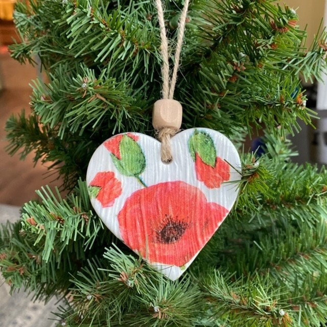 Set of 3 Handmade Ceramic Heart Christmas Ornaments, Red Pottery Christmas  Tree Decoration 
