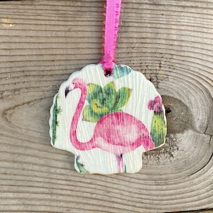 flamingo ornament, flamingo gift, shell ornament, beach ornament, tropical ornament