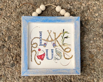 Rustic Lake House Sign: Framed Watercolor Art with Jute Twine