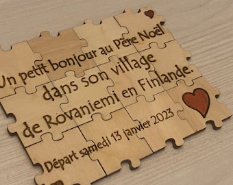 big text engraved on puzzle,surprise trip idea,custom puzzle,personalized puzzle,surprise phrase,wooden puzzle,special gift,trip present