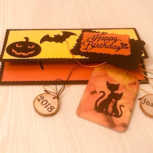 Regalo Helloween, tarjetas de cumpleaños, tarjeta de calabaza y murciélago, Vintage Helloween, tarjeta imprimible, titular de la tarjeta de regalo, sobre naranja y negro, tarjetas espeluznantes