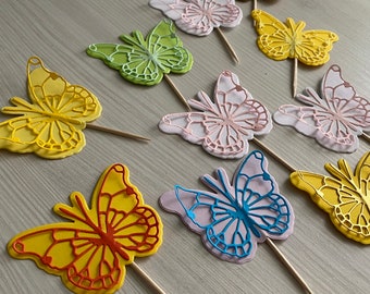 Schmetterling-Sticks, Set von 10 Holz-Sticks, Fun Sticks, Food-Pin, Mädchen Dekor, Tisch-Dekor, Lebensmittel-Etikettierung, Mädchen Party Sticks, personalisierte Stick, Farbe