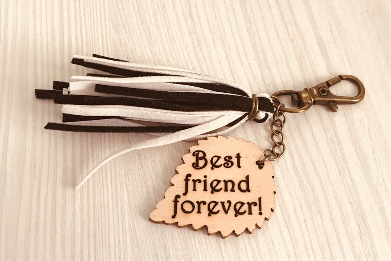 BFF Keychains,best friends,custom keychains,wooden sheet,surprise chains,couple,personalized sheets,surprise phrase,black and white keychain image 1