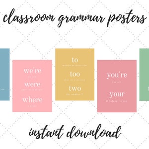 set of 5 classroom grammar posters, instant download, class posters, english teacher