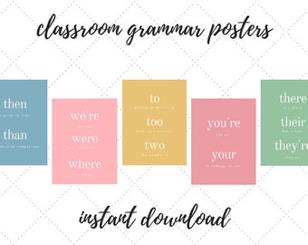 set of 5 classroom grammar posters, instant download, class posters, english teacher