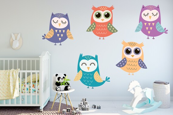 Colorful Owl Wall Decal Set Colorful Owl Stickers Kid S Room Decor Living Room Decor Bedroom Decor