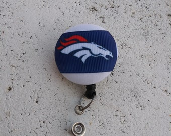 This RN Loves the BRONCOS Retractable ID Holder Alligator or Slide Clip School Spirit Button Badge Reel Blue /& Orange
