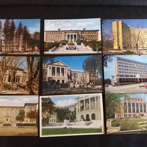 Conjunto de cartões postais da UNIVERSIDADE de WISCONSIN com nove vários edifícios educacionais e dormitórios ao redor do campus de Madison! Tudo em ótimo estado!!