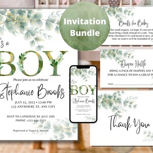Greenery Eucalyptus Baby Shower Invitation Bundle, It&#39;s a Boy