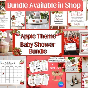May include: A printable baby shower bundle with an apple theme. The bundle includes invitations, signs, games, and decorations. The colors are red, green, and white. The text on the image says "Apple Theme Baby Shower Bundle".