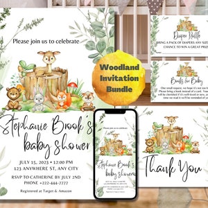 Invitations animaux des bois | de Invitation de fête de naissance des bois | Lot de jeux pour baby shower Animaux de la forêt | Pack non sexiste