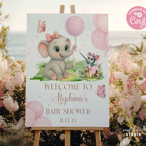 Plaque de bienvenue prête à éclater, modèle modifiable, plaque de bienvenue numérique imprimable, baby shower fille éléphant, grande plaque de bienvenue ballon