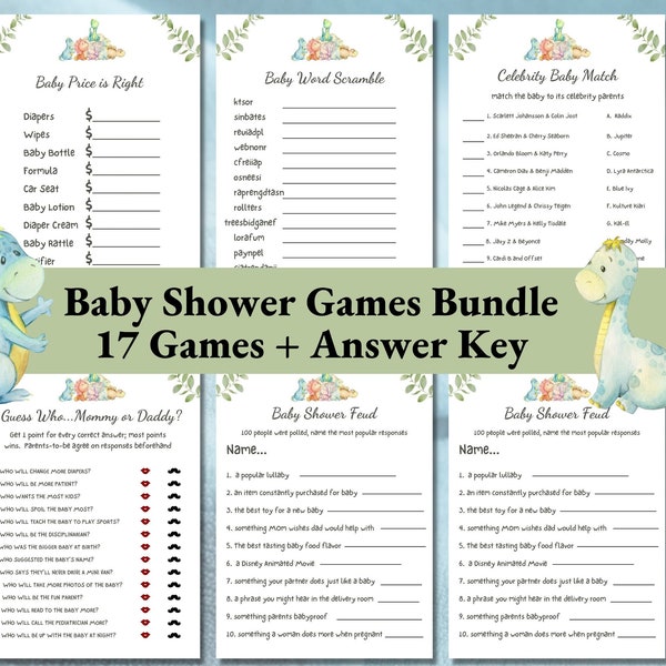 17 Dinosaur Baby Shower Games, Dino Baby Shower Games, Dinosaur Baby Shower, Greenery Baby Shower Games, Dinosaur