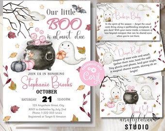 Editable Halloween Baby Shower Invitation Bundle, A Little Boo Baby Shower, Ghost Baby Shower Invite, Girl Halloween, A Baby Is Brewing