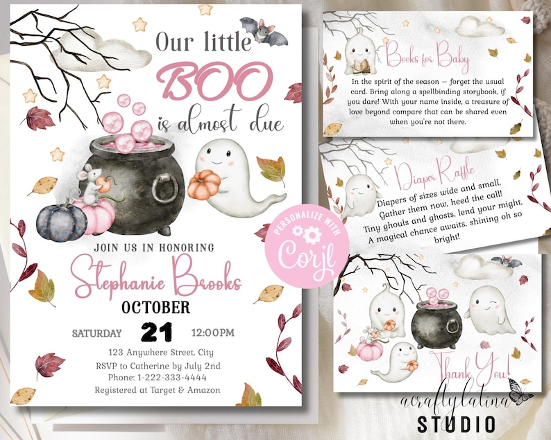 May include: A Halloween-themed baby shower invitation and coordinating cards. The invitation features a cauldron, pumpkins, and a ghost. The text reads "Our little BOO is almost due" and includes event details. Additional cards include "Books for Baby", "Diaper Raffle", and "Thank You!"