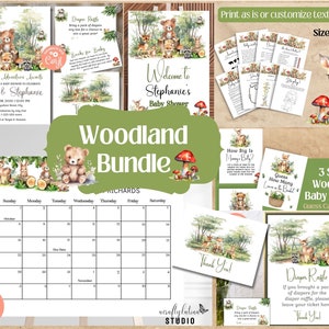 Woodland Baby Shower Invitation Bundle, Forest Animals Baby Shower Package, Greenery Baby Shower Invitation, Woodland Animals Editable Games