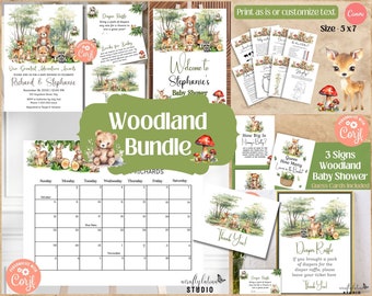 Pacchetto di inviti per baby shower a tema bosco, pacchetto baby shower con animali della foresta, invito per baby shower con tema verde, giochi modificabili con animali del bosco