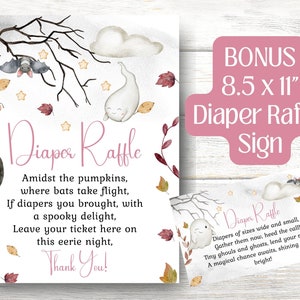 May include: A Halloween-themed diaper raffle sign with a watercolour design. The sign features a bat, ghost, cauldron, and text that reads "Diaper Raffle" and a poem. A bonus 8.5 x 11" sign is included.