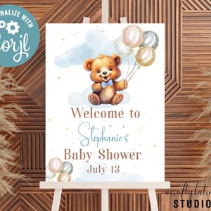 Bearly Wait Entrance Sign, Editable Teddy Bear Balloon Baby Shower Welcome Sign, Baby Shower Poster, Boy Baby Shower, Large Welcome Sign