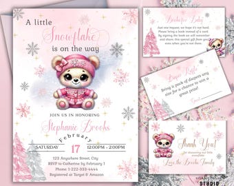 May include: Pink and white baby shower invitation with a cute cartoon bear wearing a pink dress and a snowflake design. The invitation includes the text "A little snowflake is on the way" and the date "February 17".