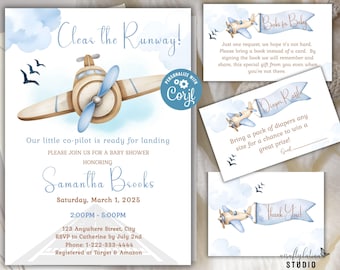 Airplane Baby Shower Invitation Set, Clear the Runway Theme, Books for Baby, Diaper Raffle, Thank You Cards