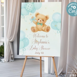 Editable Teddy Bear Balloon Baby Shower Welcome Sign, We Can Bearly Wait Baby Shower Poster, Boy Bear Baby Shower Decor, Large Welcome Sign