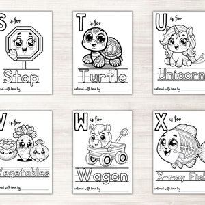 May include: Black and white printable alphabet coloring pages featuring a stop sign, turtle, unicorn, vegetables, wagon, and x-ray fish. Each page includes the letter, the word, and the phrase "colored with love by".