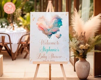 A Little Piece of Heaven Baby Shower Welcome Sign, Printable Heaven Baby Shower Decor, Cloud Baby, Dreamy Welcome Poster, Editable Poster