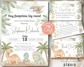 Dinosaur Baby Shower Bundle, Greenery Boho Dinosaur Baby Shower Invite, Editable Printable Invite, Dino Baby Shower Invite, Diaper Raffle