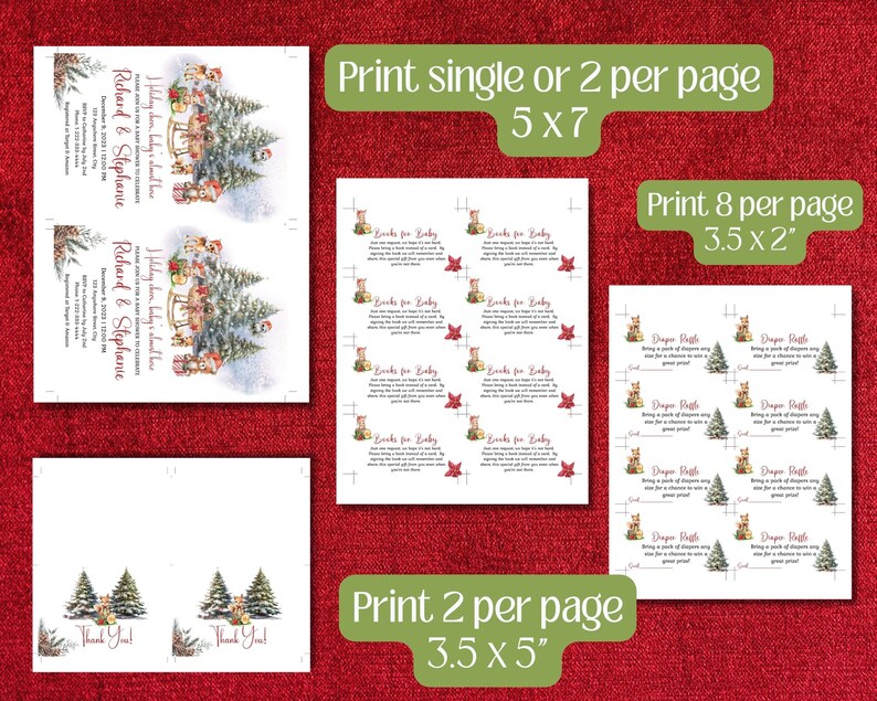 May include: Printable Christmas baby shower invitation with a winter wonderland theme. The invitation features a watercolor illustration of a couple riding in a sleigh pulled by reindeer. The text on the invitation reads "I'm Holly-ing down to celebrate Richard & Stephanie's baby shower".