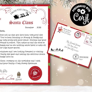 Carta de Papá Noel, carta del Polo Norte, carta editable de Papá Noel, descarga instantánea, sobre oficial con sello de Papá Noel, carta de Navidad, regalo para niños