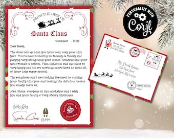May include: A personalised letter from Santa Claus to Derek, with a red and white background and a festive design. The letter includes a message from Santa, a signature, and a stamp with the words "North Pole".