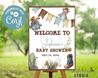 Personalized Cowboy Baby Shower Welcome Sign, Western Theme Decor, Editable Template