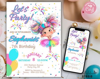 Rainbow Birthday Invitation Girl, 7th Birthday Party Invite, Colorful Tutu Ballerina, Customizable Template