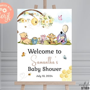 Bearbeitbares Winnie the Pooh Willkommensschild, klassisches Winnie the Pooh Babypartyplakat, Gender Netural Babypartydekor, großes Willkommensschild