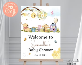 Placa de boas-vindas editável do Ursinho Pooh, pôster clássico do Ursinho Pooh para chá de bebê, decoração de chá de bebê neutra em termos de gênero, placa de boas-vindas grande