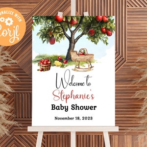 Baby Shower Fall Apple Willkommensplakat, Babypartyschild, Vorlage, nur für uns ausgewählt, Apfel unseres Auges, vollständig bearbeitbar, sofortiger Download