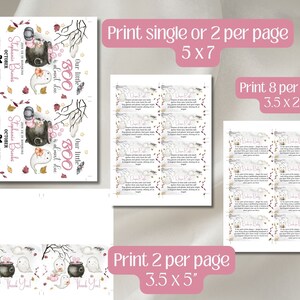 May include: Halloween-themed baby shower printables, including invitations, thank you cards, and game cards. The invitations feature a cauldron, ghost, and the text "Our little BOO". The colour scheme is pink, white, and brown.