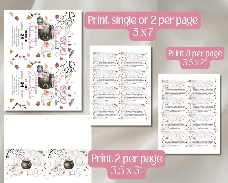 May include: Halloween-themed baby shower printables, including invitations, thank you cards, and game cards. The invitations feature a cauldron, ghost, and the text "Our little BOO". The colour scheme is pink, white, and brown.