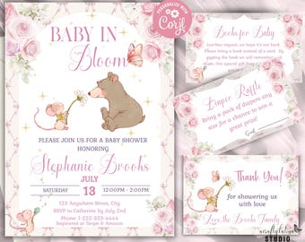 Baby in Bloom Baby Shower Invitation Bundle, Editable Invitations, Spring Celebrations, Girl Baby Shower, Diaper Raffle, Floral Baby Shower