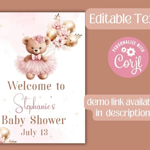 Teddy Bear Baby Shower Welcome Sign, Pink and Gold Balloons, Editable Template (Corjl image 2
