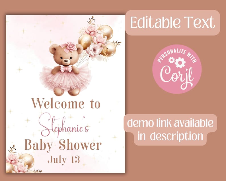 Teddy Bear Baby Shower Welcome Sign, Pink and Gold Balloons, Editable Template (Corjl image 2