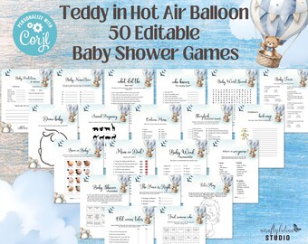 Jeux de baby shower sur le thème des ours en peluche et des montgolfières, 50 jeux imprimables et modifiables (modèle Corjl)