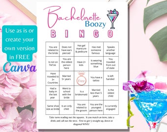 May include: A printable bachelorette party bingo card with a pink and blue color scheme. The card features a variety of prompts, such as "Is not on TikTok", "Has gel manicure & pedicure", "You have a tattoo", and "Is the oldest child".