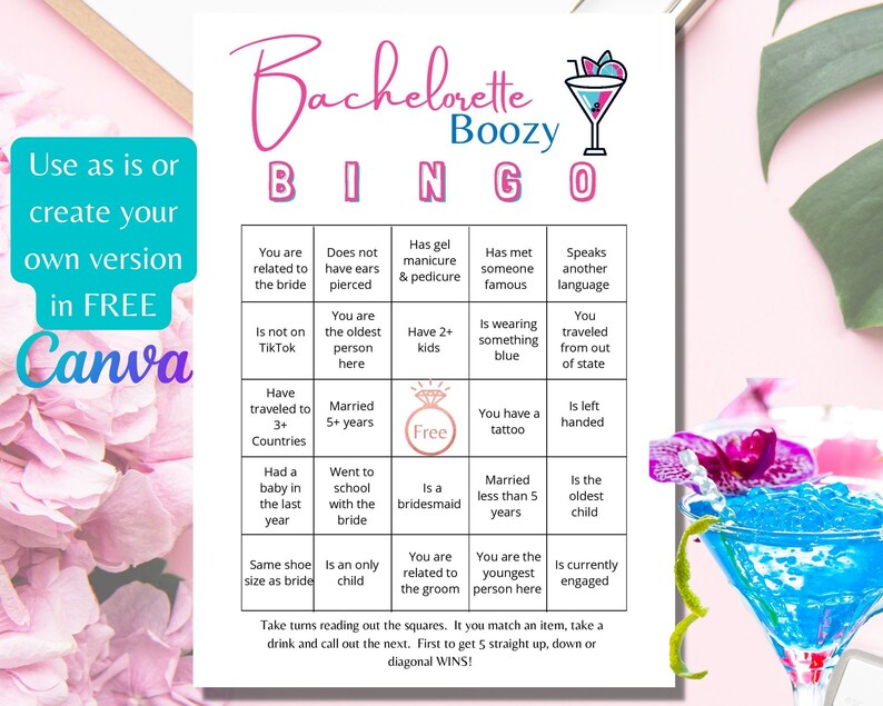 Puede incluir: Una tarjeta de bingo de despedida de soltera imprimible con un esquema de color rosa y azul. La tarjeta presenta una variedad de indicaciones, como "No est&aacute; en TikTok", "Tiene manicura y pedicura en gel", "Tiene un tatuaje" y "Es el hijo mayor".