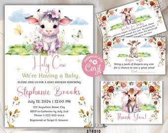 Holy Cow Baby Shower Invite, Digital Download, Boho Cow Baby Shower Invite, Editable Farm Baby Shower Invitation, Farm Animal Baby Shower