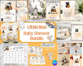 Op de afbeelding: Een baby shower printbare bundel met een Halloween-thema met een zwarte kat, een spook, een ketel en een vleermuis. De bundel bevat uitnodigingen, bedankkaartjes, cupcake toppers, een luierspelbord, een welkomstsbord, een buffetkaart, een aangepast bord, een kalender om de verjaardag te raden en verschillende spelkaarten. De tekst op de uitnodiging luidt "A little BOO is almost due!"
