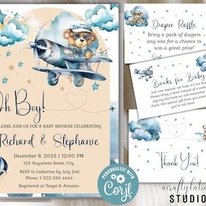 Airplane Baby Shower Bundle, Bearly Wait, Bear Baby Shower, Travel Baby Shower, Editable Invitation, Boy Baby Shower, Instant Download